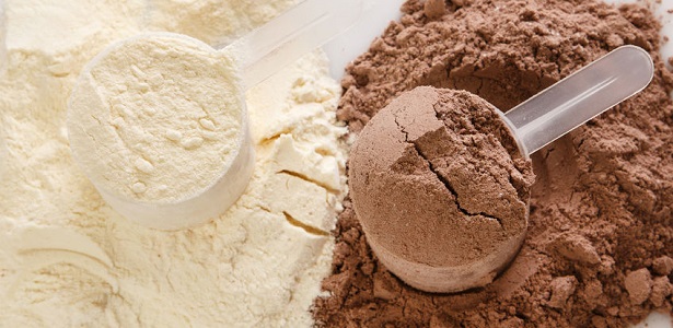 close up of protein powder and scoops